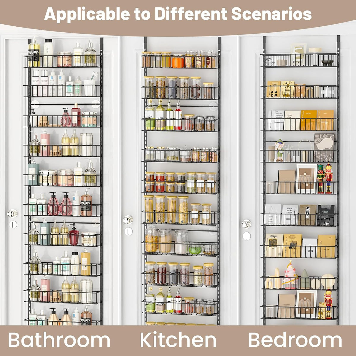 8-Tier Pantry Door Organizer, Black | Over The Door, Hanging Spice Rack Shelves, Home Office Laundry Room Bathroom & Kitchen, Storage Rack