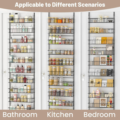 8-Tier Pantry Door Organizer, Black | Over The Door, Hanging Spice Rack Shelves, Home Office Laundry Room Bathroom & Kitchen, Storage Rack