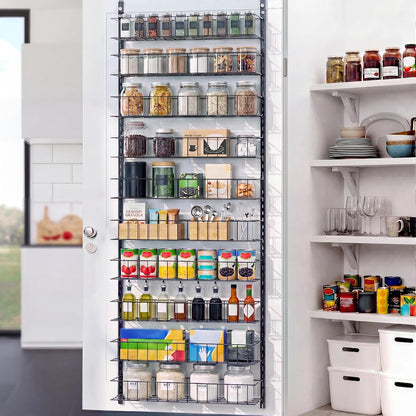 8-Tier Pantry Door Organizer, Black | Over The Door, Hanging Spice Rack Shelves, Home Office Laundry Room Bathroom & Kitchen, Storage Rack