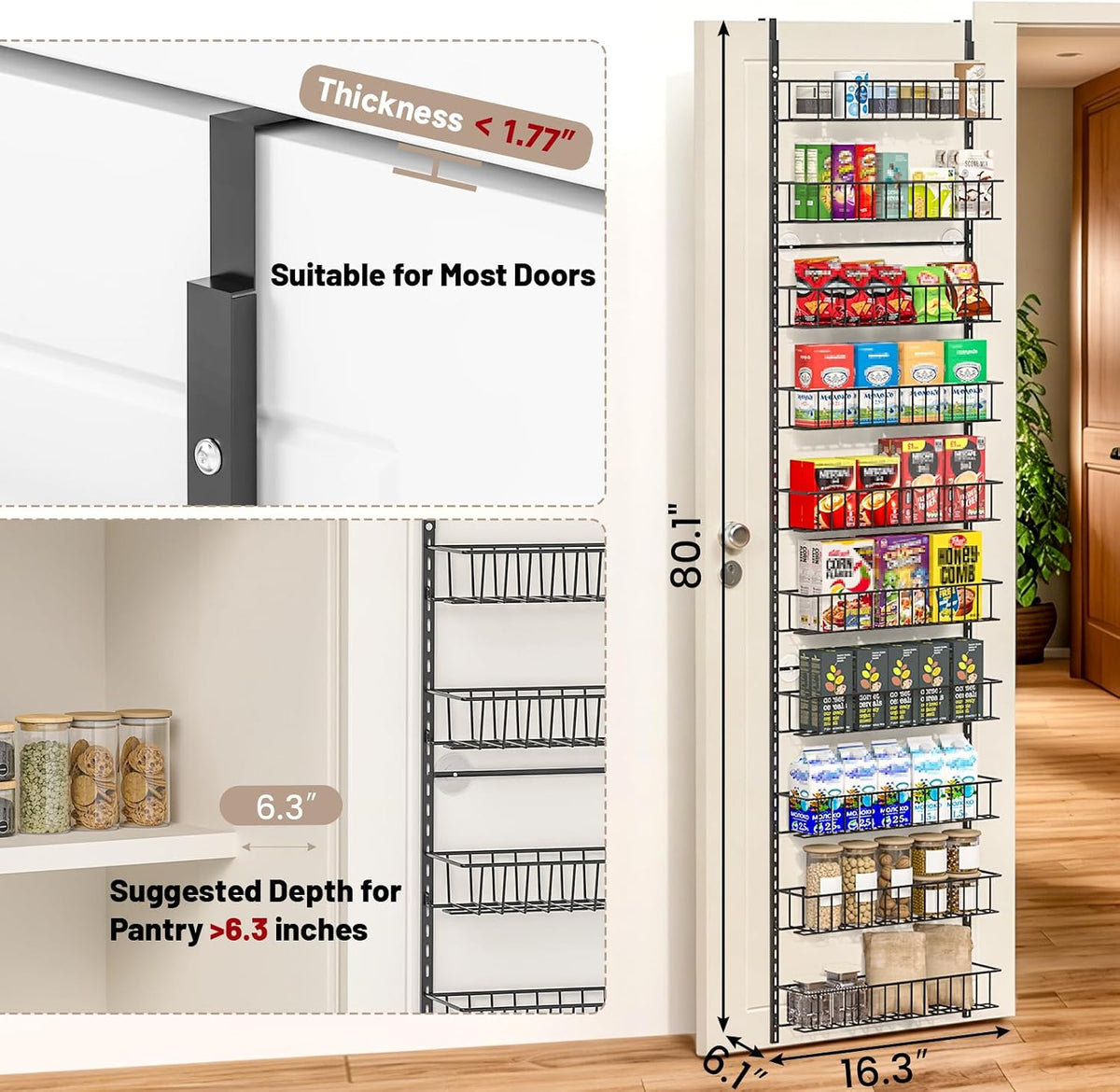 8-Tier Pantry Door Organizer, Black | Over The Door, Hanging Spice Rack Shelves, Home Office Laundry Room Bathroom & Kitchen, Storage Rack