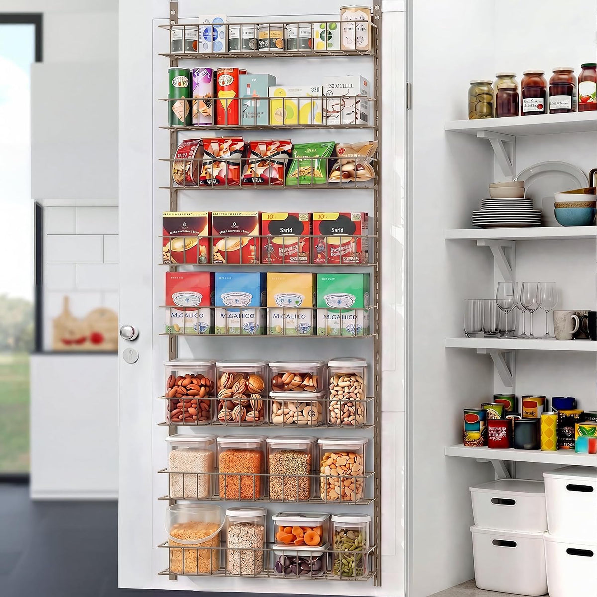 8-Tier Pantry Door Organizer, Black | Over The Door, Hanging Spice Rack Shelves, Home Office Laundry Room Bathroom & Kitchen, Storage Rack