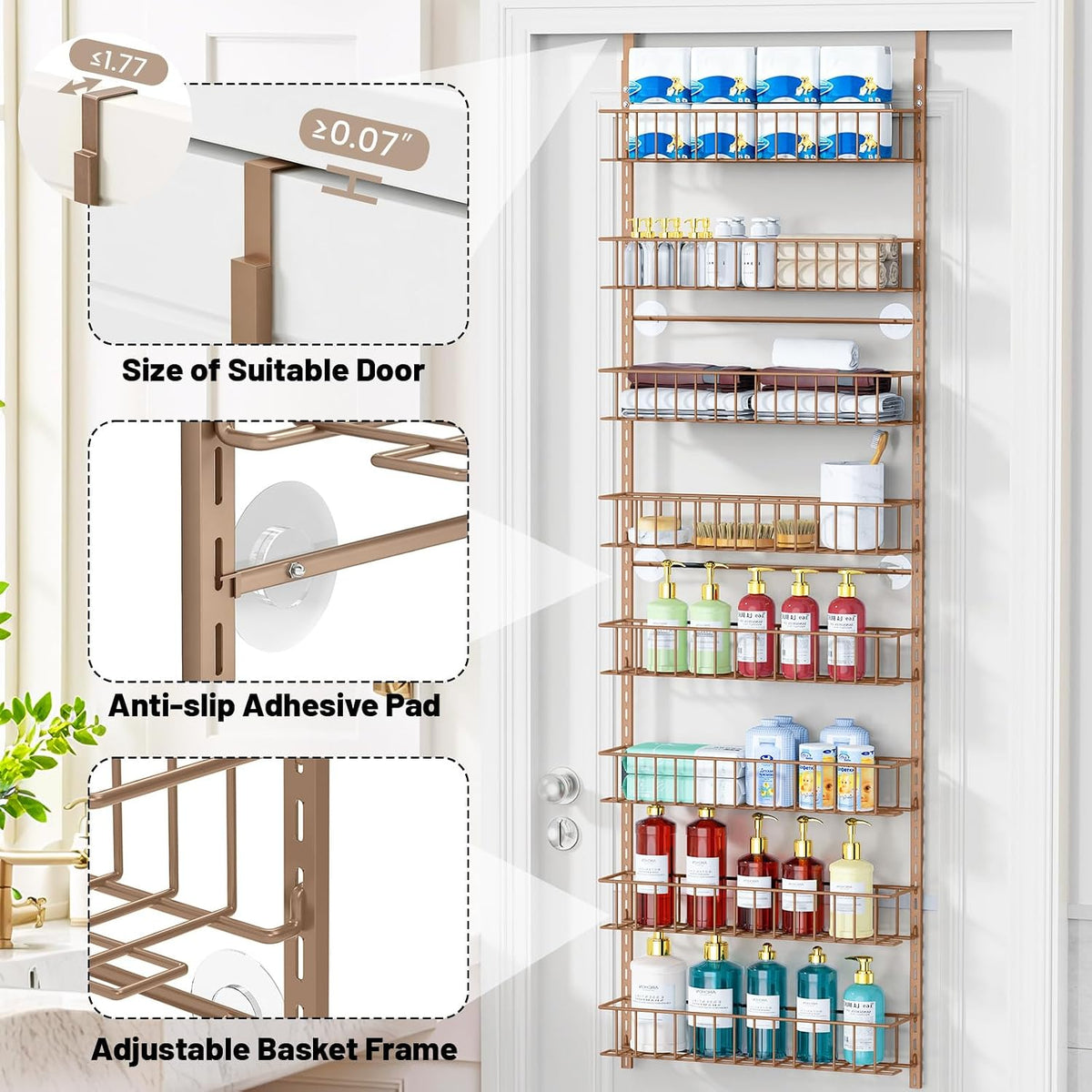 8-Tier Pantry Door Organizer, Black | Over The Door, Hanging Spice Rack Shelves, Home Office Laundry Room Bathroom & Kitchen, Storage Rack