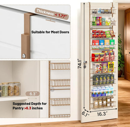 8-Tier Pantry Door Organizer, Black | Over The Door, Hanging Spice Rack Shelves, Home Office Laundry Room Bathroom & Kitchen, Storage Rack