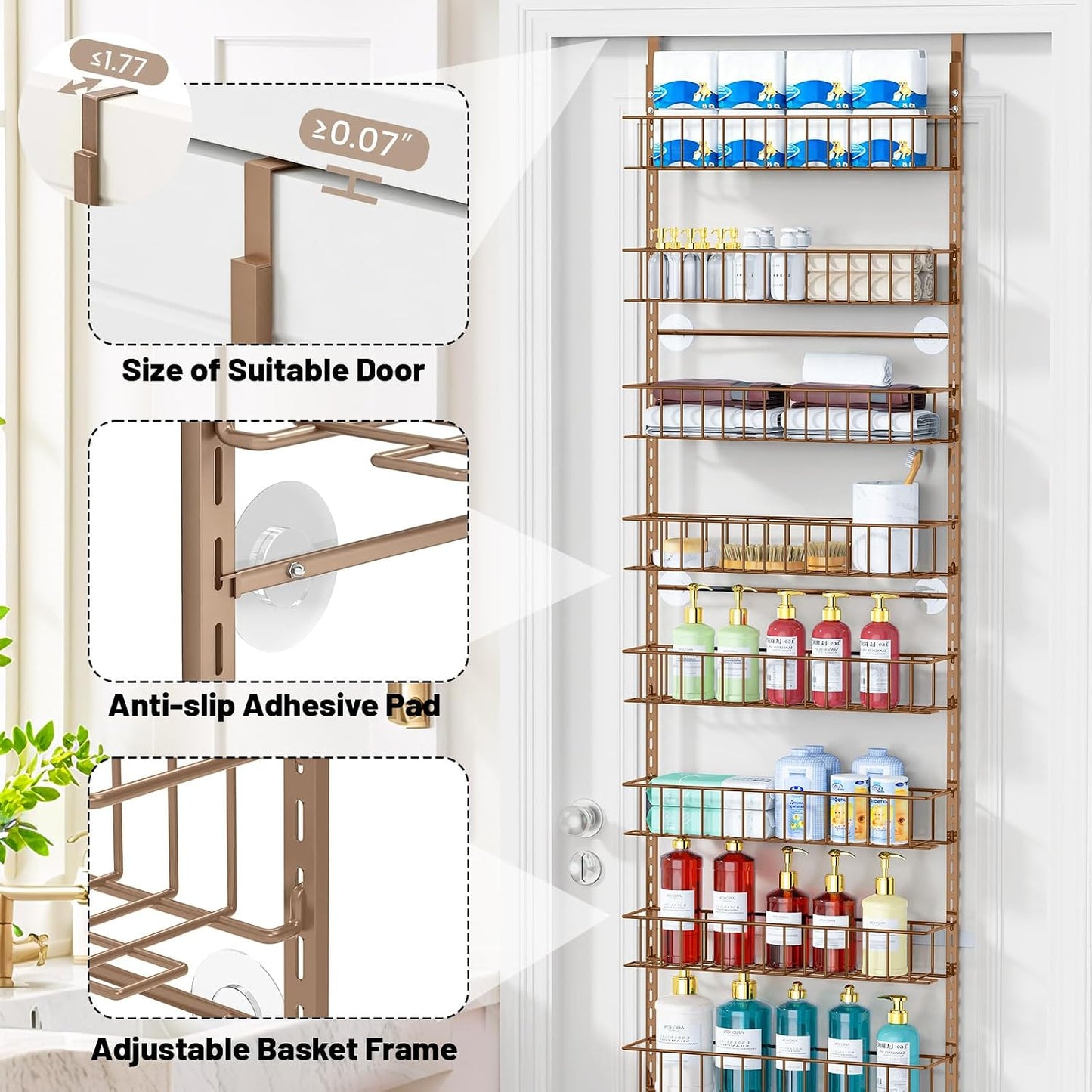 8-Tier Pantry Door Organizer, Black | Over The Door, Hanging Spice Rack Shelves, Home Office Laundry Room Bathroom & Kitchen, Storage Rack
