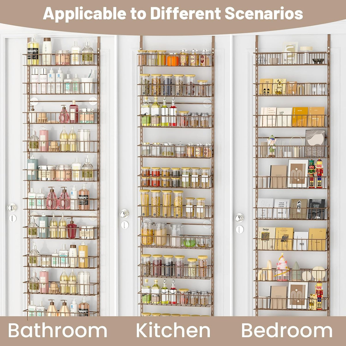 8-Tier Pantry Door Organizer, Black | Over The Door, Hanging Spice Rack Shelves, Home Office Laundry Room Bathroom & Kitchen, Storage Rack