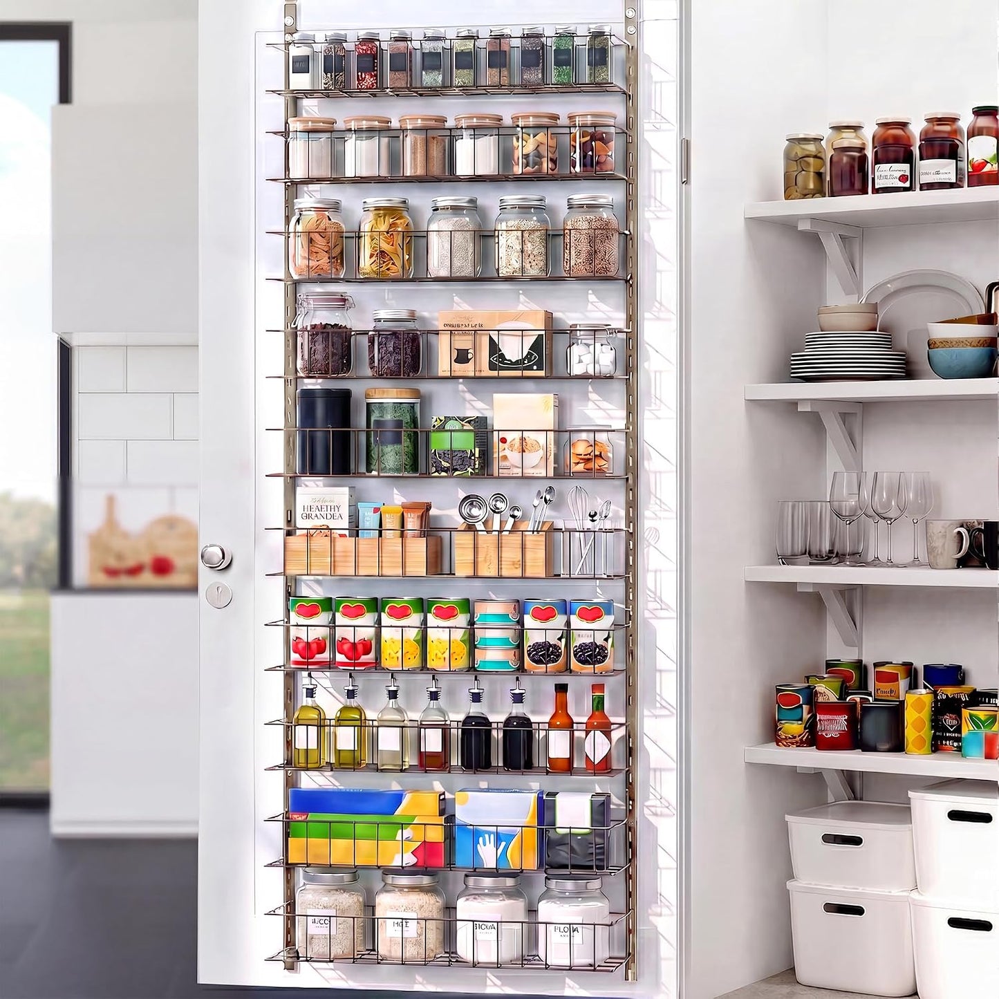 8-Tier Pantry Door Organizer, Black | Over The Door, Hanging Spice Rack Shelves, Home Office Laundry Room Bathroom & Kitchen, Storage Rack