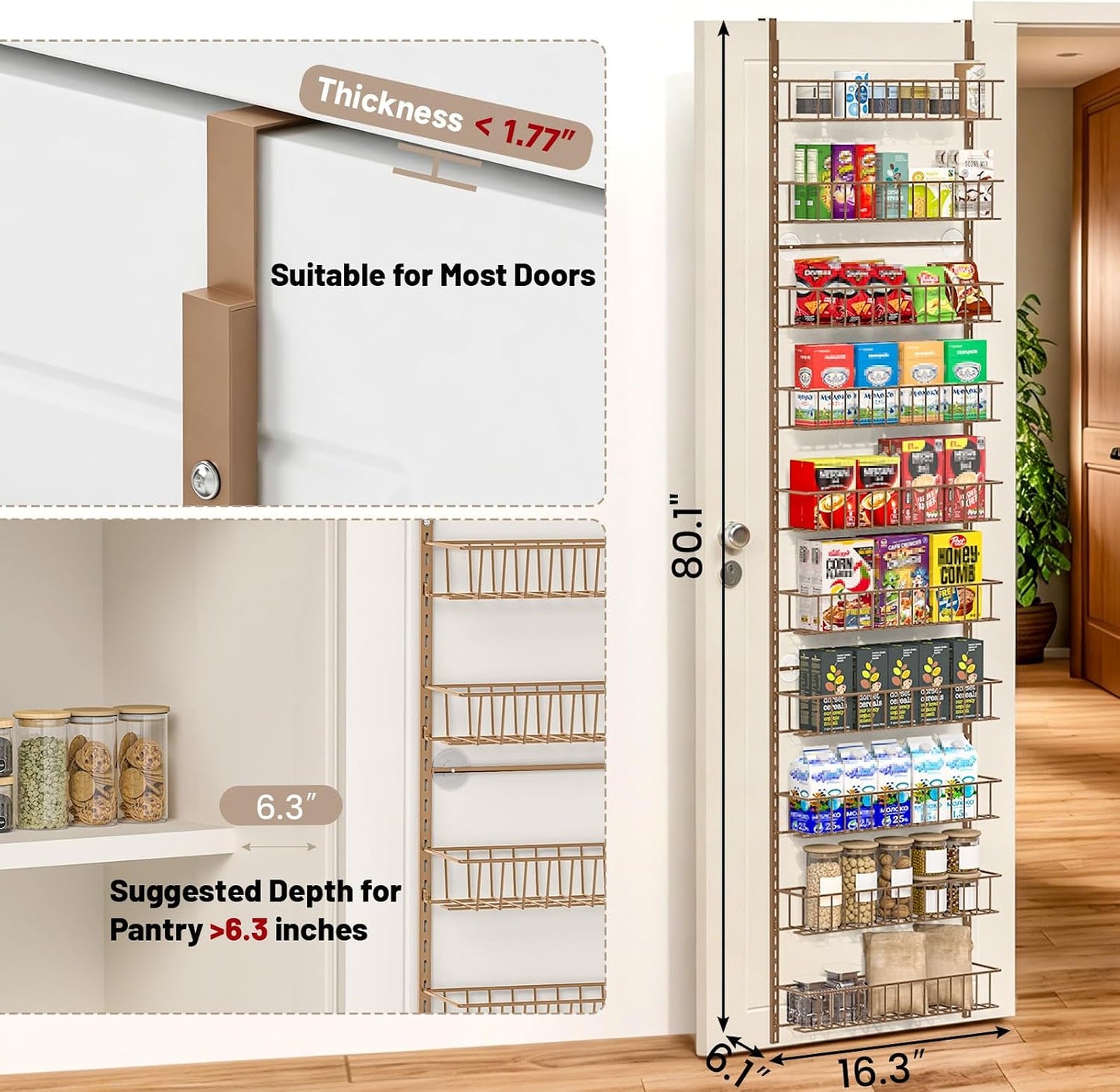 8-Tier Pantry Door Organizer, Black | Over The Door, Hanging Spice Rack Shelves, Home Office Laundry Room Bathroom & Kitchen, Storage Rack