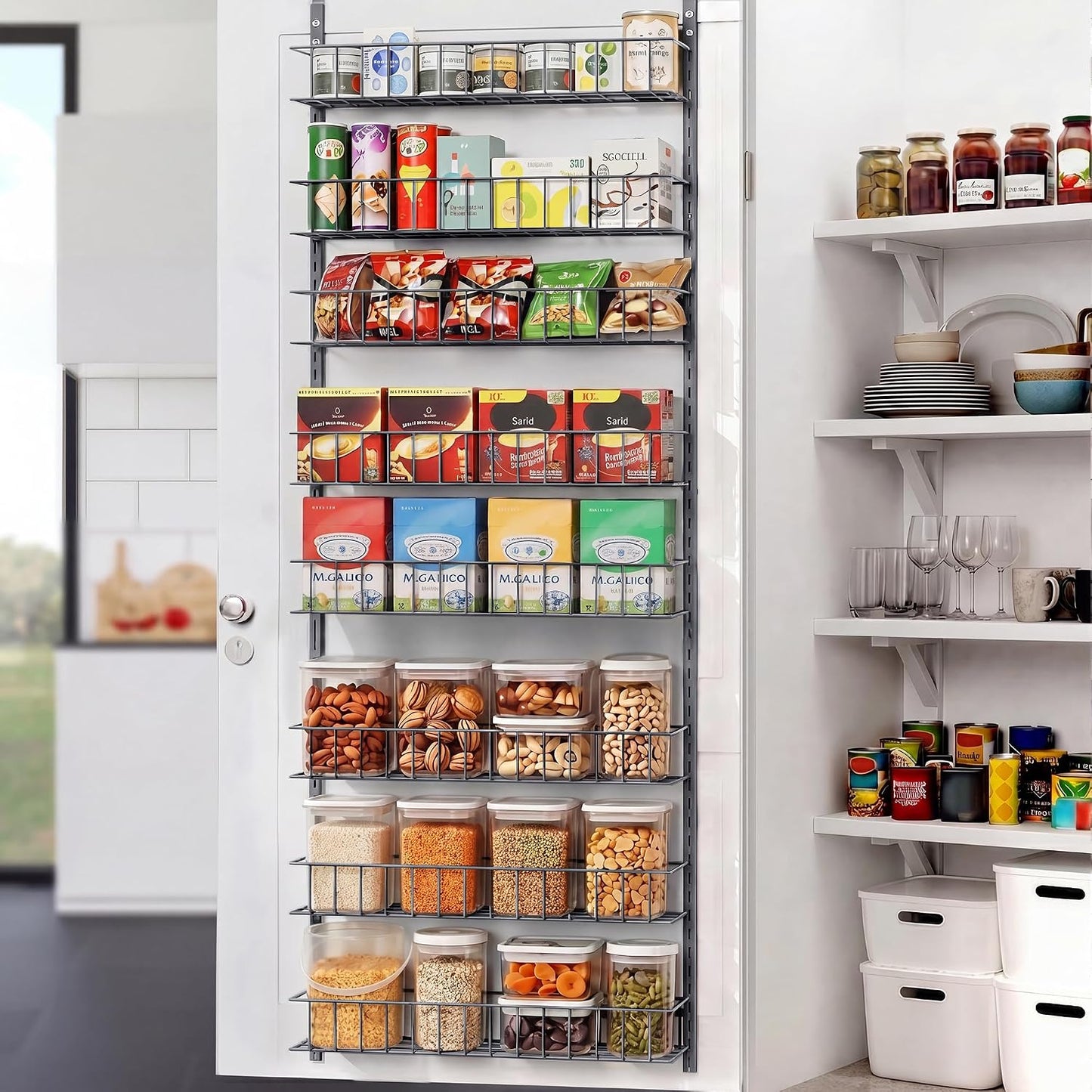 8-Tier Pantry Door Organizer, Black | Over The Door, Hanging Spice Rack Shelves, Home Office Laundry Room Bathroom & Kitchen, Storage Rack