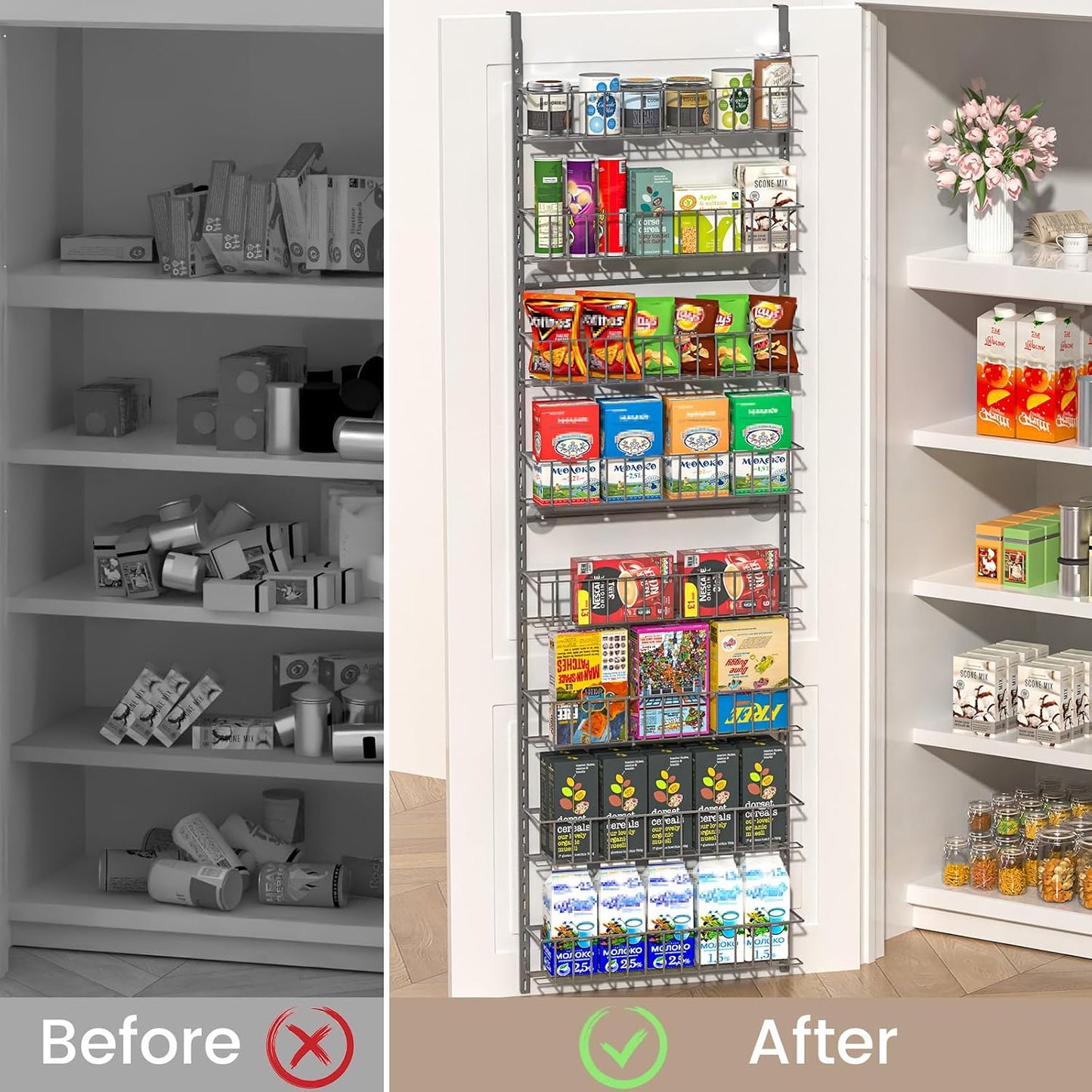 8-Tier Pantry Door Organizer, Black | Over The Door, Hanging Spice Rack Shelves, Home Office Laundry Room Bathroom & Kitchen, Storage Rack