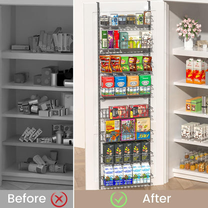 8-Tier Pantry Door Organizer, Black | Over The Door, Hanging Spice Rack Shelves, Home Office Laundry Room Bathroom & Kitchen, Storage Rack