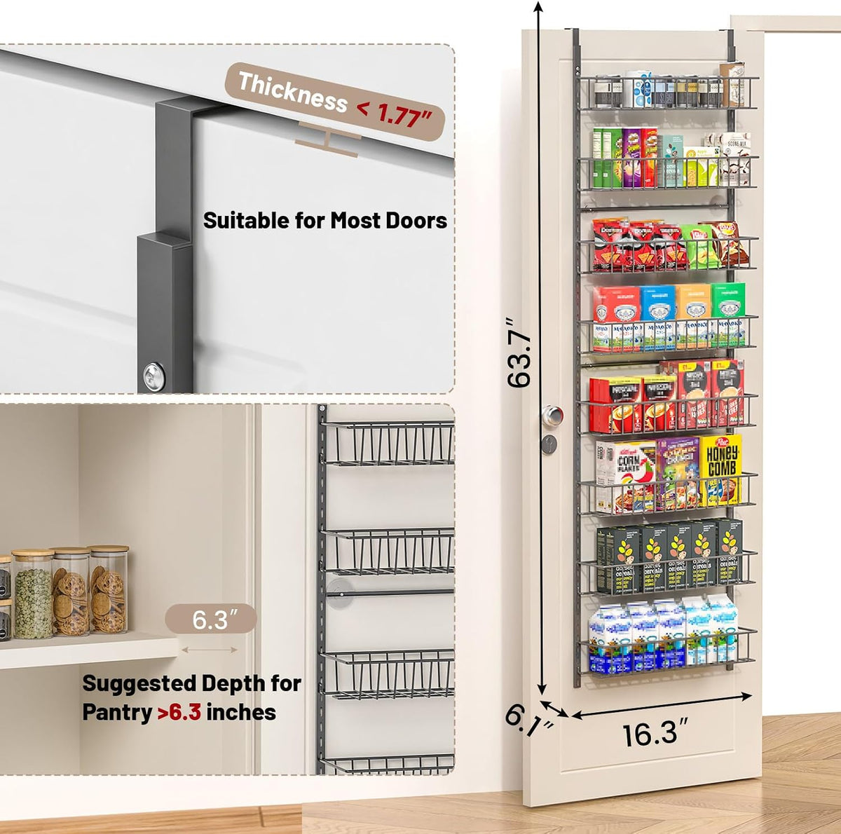 8-Tier Pantry Door Organizer, Black | Over The Door, Hanging Spice Rack Shelves, Home Office Laundry Room Bathroom & Kitchen, Storage Rack
