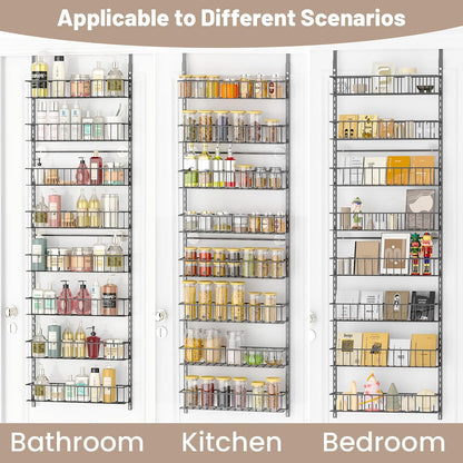 8-Tier Pantry Door Organizer, Black | Over The Door, Hanging Spice Rack Shelves, Home Office Laundry Room Bathroom & Kitchen, Storage Rack