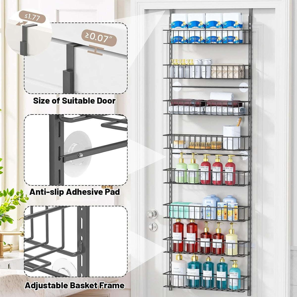 8-Tier Pantry Door Organizer, Black | Over The Door, Hanging Spice Rack Shelves, Home Office Laundry Room Bathroom & Kitchen, Storage Rack