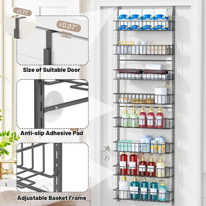 8-Tier Pantry Door Organizer, Black | Over The Door, Hanging Spice Rack Shelves, Home Office Laundry Room Bathroom & Kitchen, Storage Rack