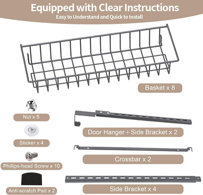 8-Tier Pantry Door Organizer, Black | Over The Door, Hanging Spice Rack Shelves, Home Office Laundry Room Bathroom & Kitchen, Storage Rack