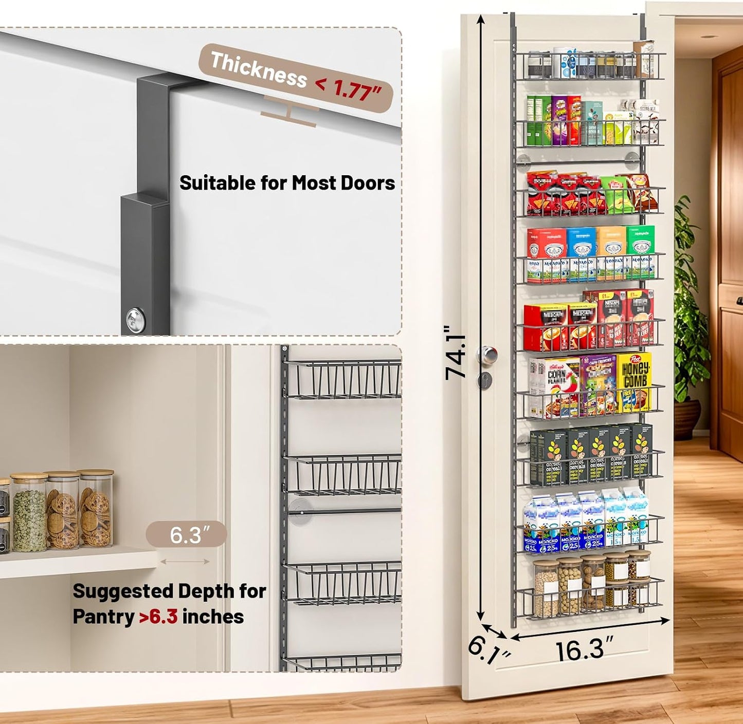 8-Tier Pantry Door Organizer, Black | Over The Door, Hanging Spice Rack Shelves, Home Office Laundry Room Bathroom & Kitchen, Storage Rack