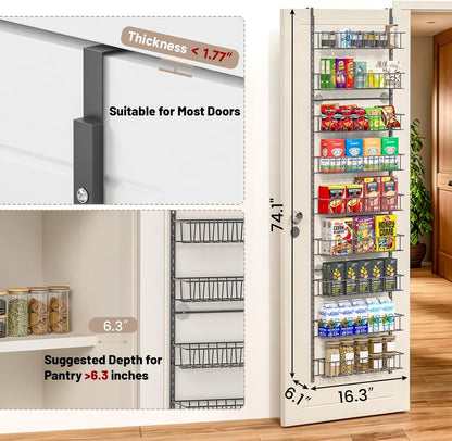 8-Tier Pantry Door Organizer, Black | Over The Door, Hanging Spice Rack Shelves, Home Office Laundry Room Bathroom & Kitchen, Storage Rack