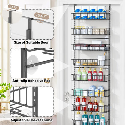 8-Tier Pantry Door Organizer, Black | Over The Door, Hanging Spice Rack Shelves, Home Office Laundry Room Bathroom & Kitchen, Storage Rack