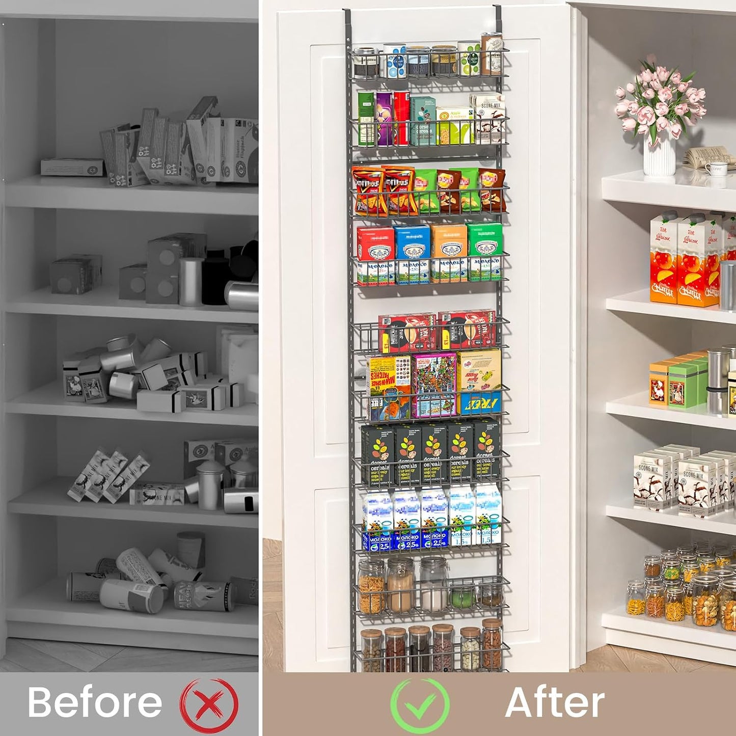 8-Tier Pantry Door Organizer, Black | Over The Door, Hanging Spice Rack Shelves, Home Office Laundry Room Bathroom & Kitchen, Storage Rack