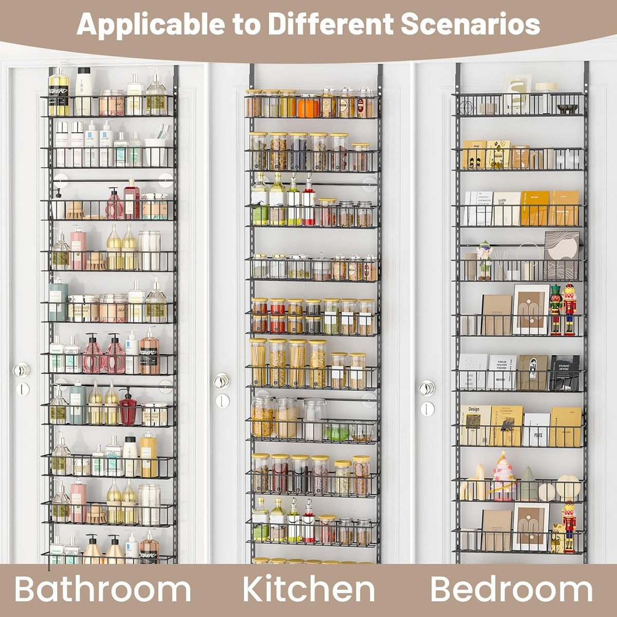 8-Tier Pantry Door Organizer, Black | Over The Door, Hanging Spice Rack Shelves, Home Office Laundry Room Bathroom & Kitchen, Storage Rack