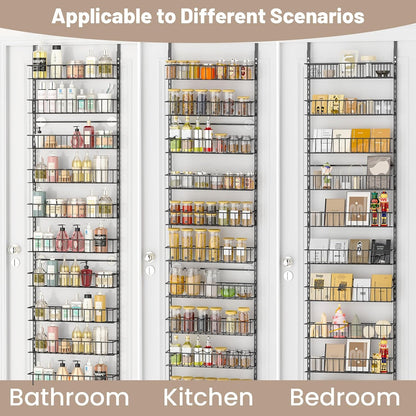 8-Tier Pantry Door Organizer, Black | Over The Door, Hanging Spice Rack Shelves, Home Office Laundry Room Bathroom & Kitchen, Storage Rack