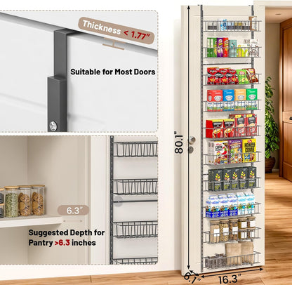 8-Tier Pantry Door Organizer, Black | Over The Door, Hanging Spice Rack Shelves, Home Office Laundry Room Bathroom & Kitchen, Storage Rack