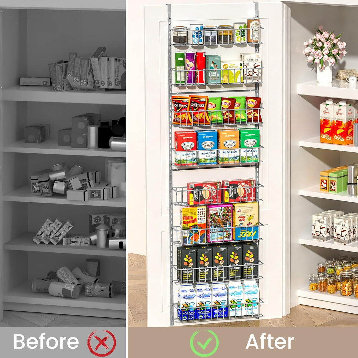 8-Tier Pantry Door Organizer, Black | Over The Door, Hanging Spice Rack Shelves, Home Office Laundry Room Bathroom & Kitchen, Storage Rack