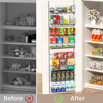8-Tier Pantry Door Organizer, Black | Over The Door, Hanging Spice Rack Shelves, Home Office Laundry Room Bathroom & Kitchen, Storage Rack