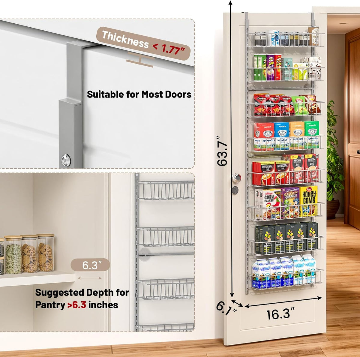 8-Tier Pantry Door Organizer, Black | Over The Door, Hanging Spice Rack Shelves, Home Office Laundry Room Bathroom & Kitchen, Storage Rack