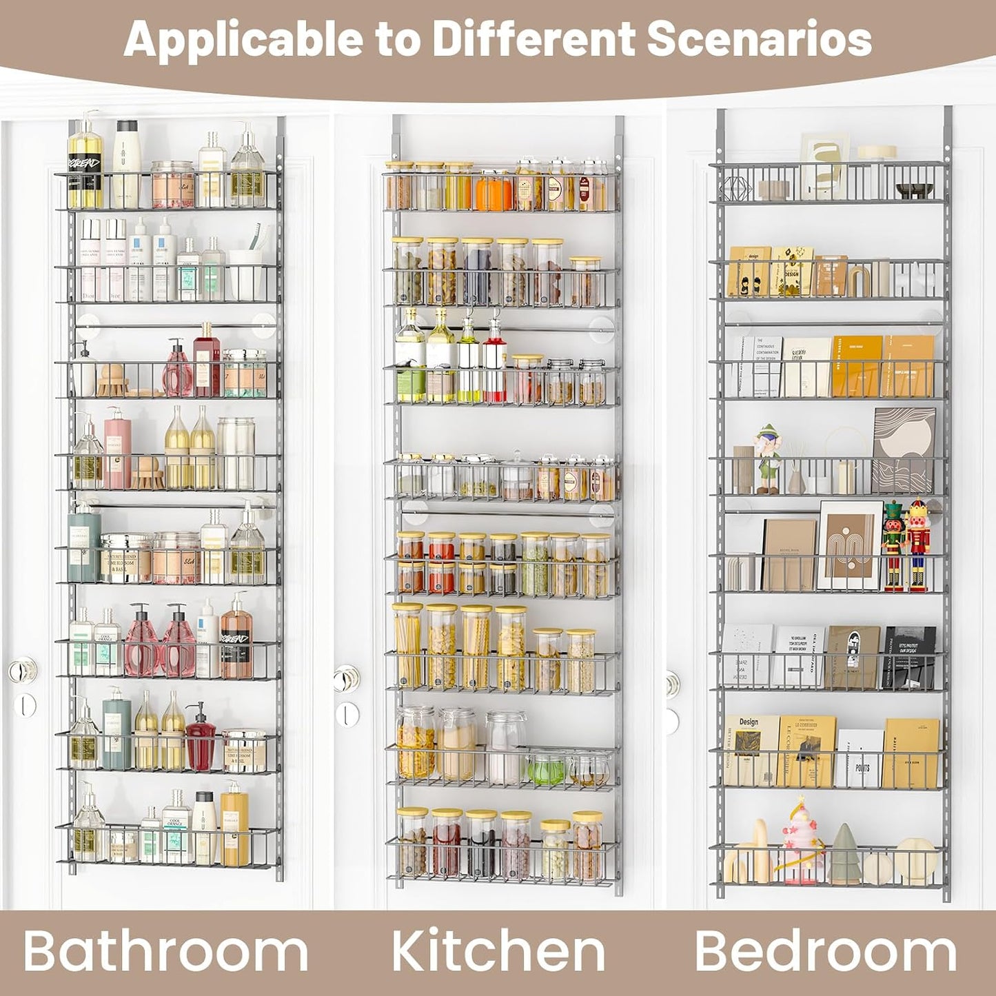 8-Tier Pantry Door Organizer, Black | Over The Door, Hanging Spice Rack Shelves, Home Office Laundry Room Bathroom & Kitchen, Storage Rack