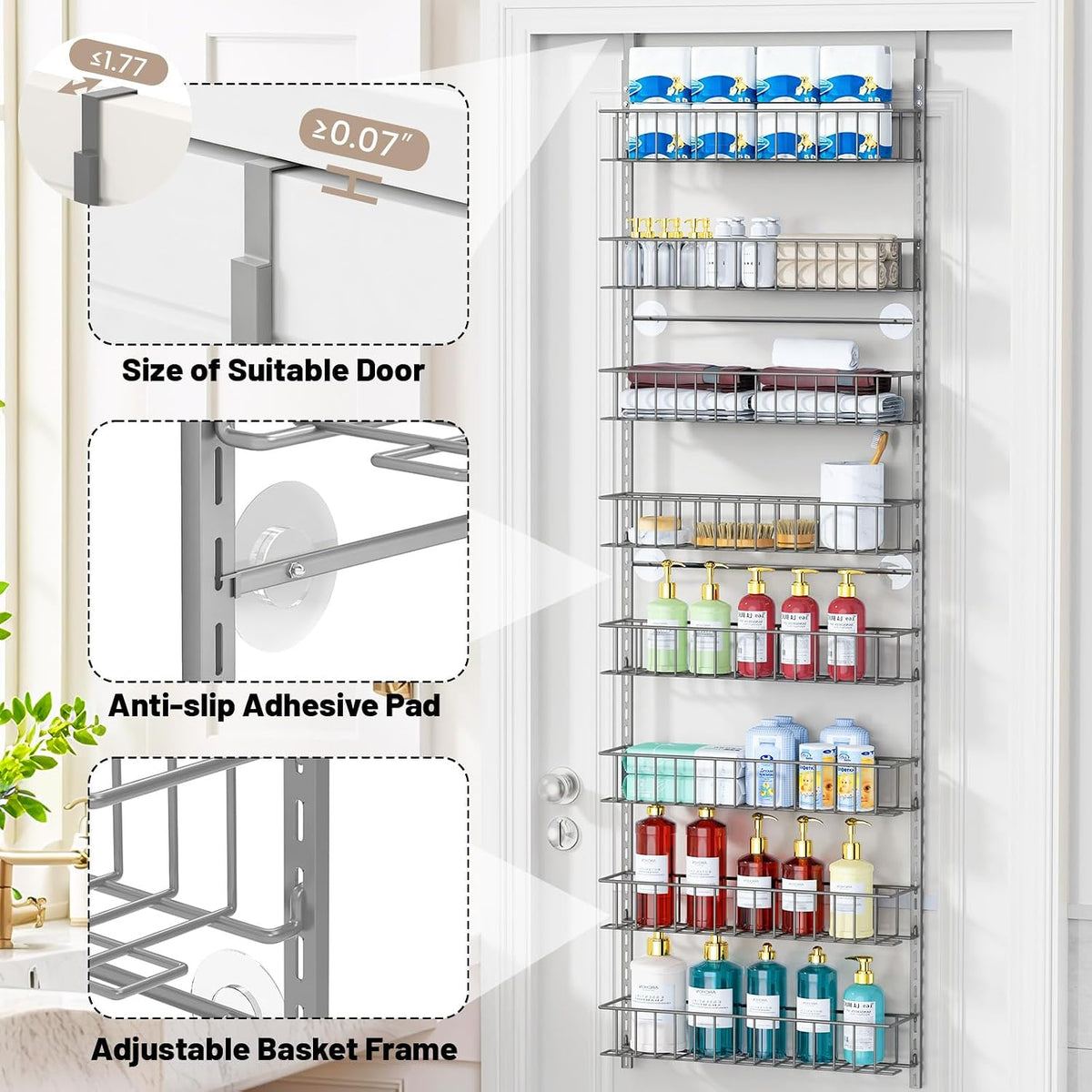 8-Tier Pantry Door Organizer, Black | Over The Door, Hanging Spice Rack Shelves, Home Office Laundry Room Bathroom & Kitchen, Storage Rack