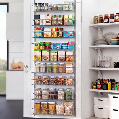 8-Tier Pantry Door Organizer, Black | Over The Door, Hanging Spice Rack Shelves, Home Office Laundry Room Bathroom & Kitchen, Storage Rack