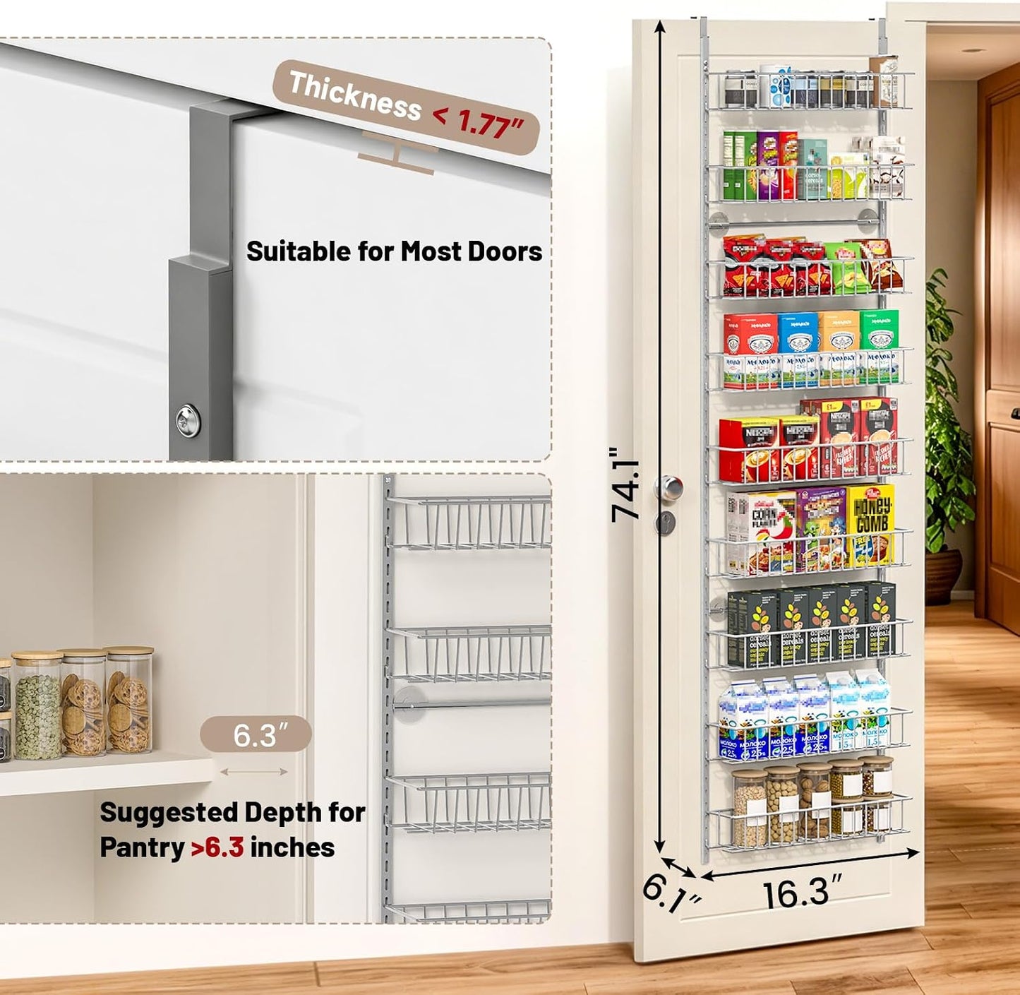 8-Tier Pantry Door Organizer, Black | Over The Door, Hanging Spice Rack Shelves, Home Office Laundry Room Bathroom & Kitchen, Storage Rack