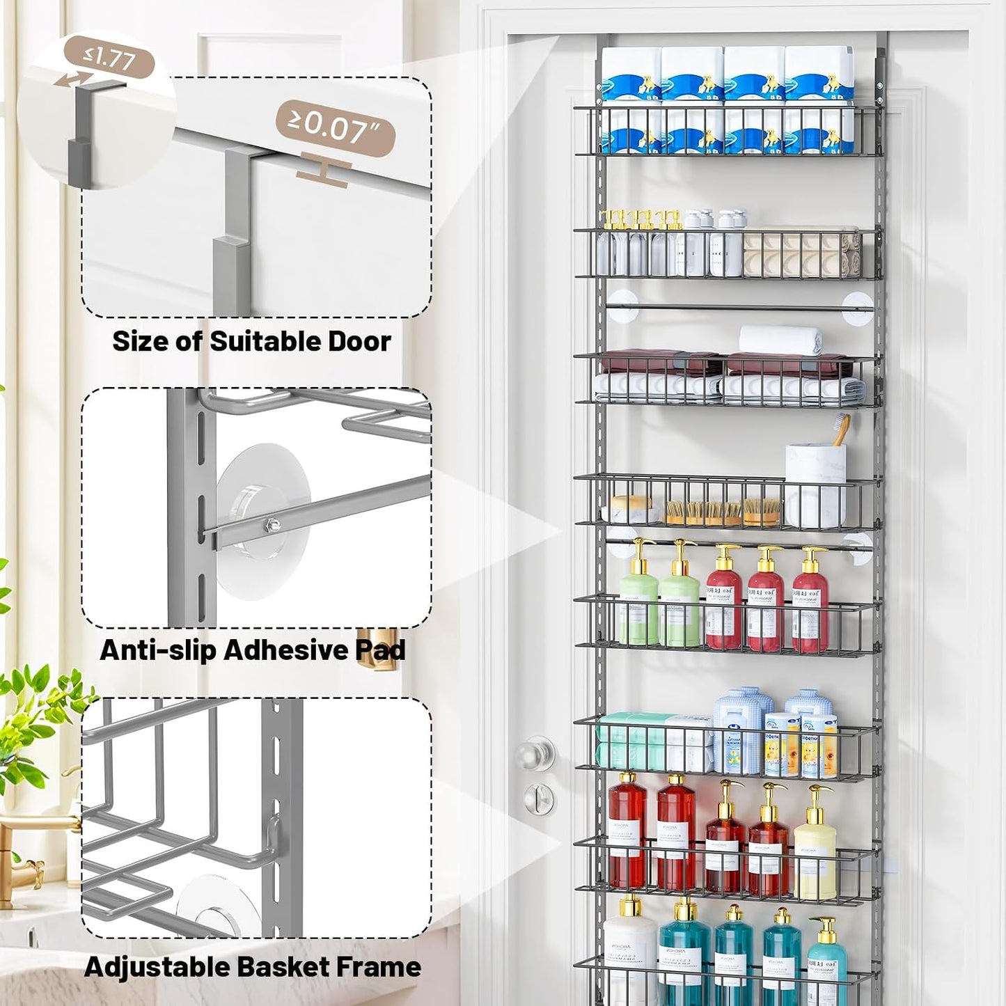 8-Tier Pantry Door Organizer, Black | Over The Door, Hanging Spice Rack Shelves, Home Office Laundry Room Bathroom & Kitchen, Storage Rack