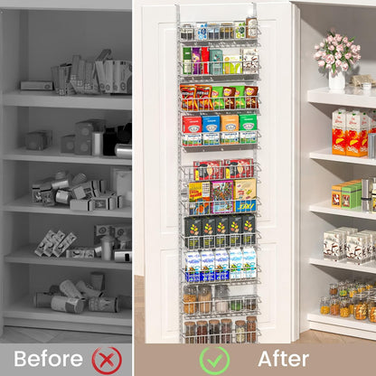 8-Tier Pantry Door Organizer, Black | Over The Door, Hanging Spice Rack Shelves, Home Office Laundry Room Bathroom & Kitchen, Storage Rack