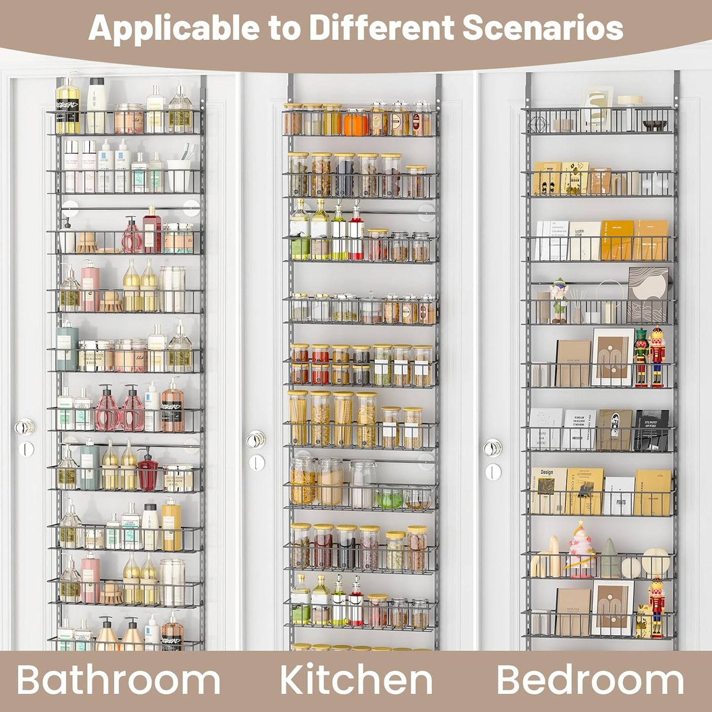 8-Tier Pantry Door Organizer, Black | Over The Door, Hanging Spice Rack Shelves, Home Office Laundry Room Bathroom & Kitchen, Storage Rack