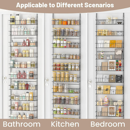 8-Tier Pantry Door Organizer, Black | Over The Door, Hanging Spice Rack Shelves, Home Office Laundry Room Bathroom & Kitchen, Storage Rack