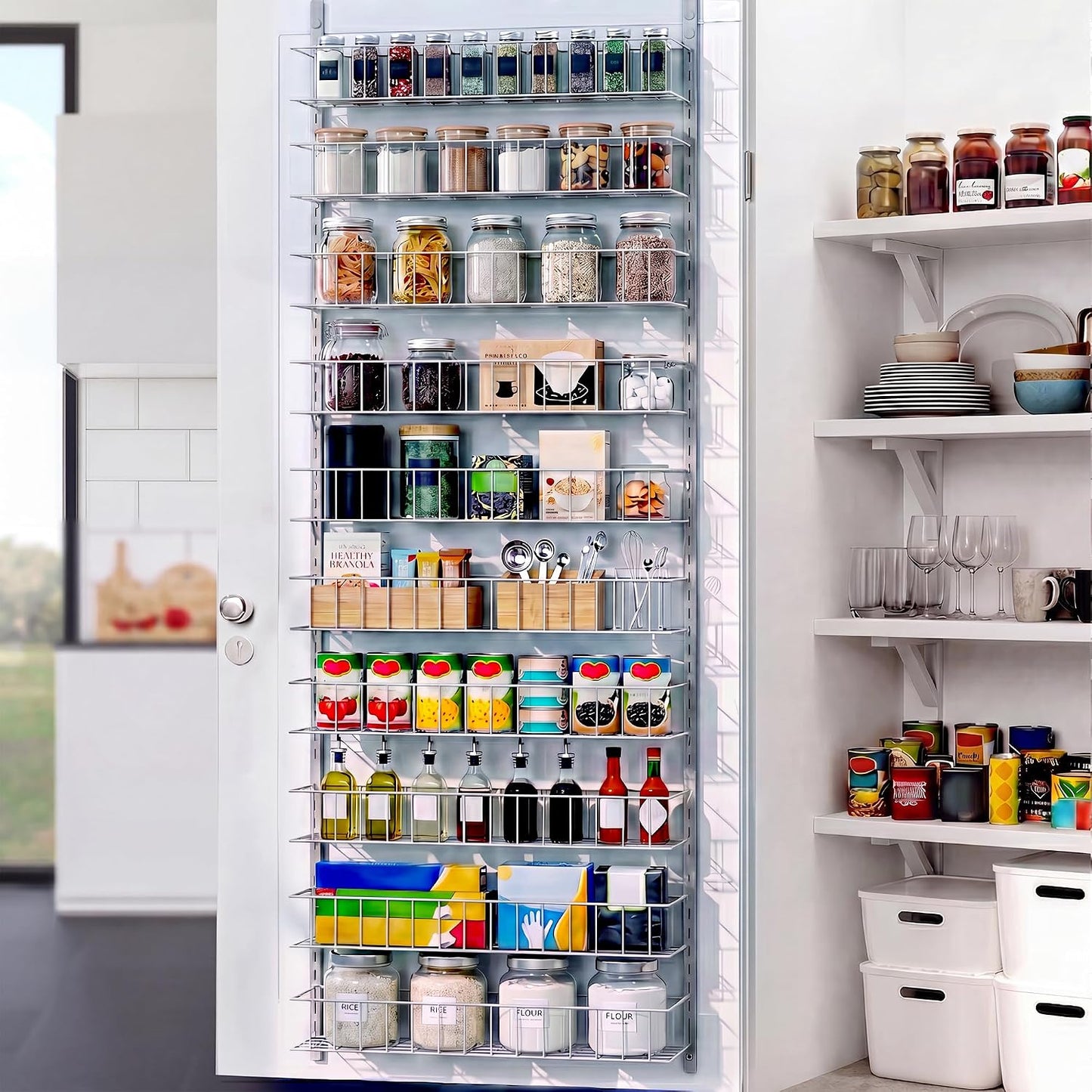 8-Tier Pantry Door Organizer, Black | Over The Door, Hanging Spice Rack Shelves, Home Office Laundry Room Bathroom & Kitchen, Storage Rack