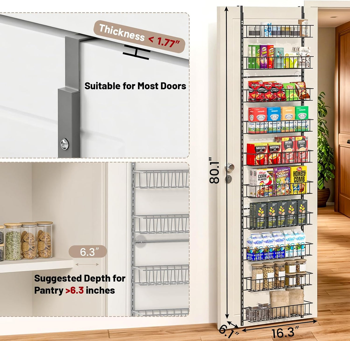 8-Tier Pantry Door Organizer, Black | Over The Door, Hanging Spice Rack Shelves, Home Office Laundry Room Bathroom & Kitchen, Storage Rack