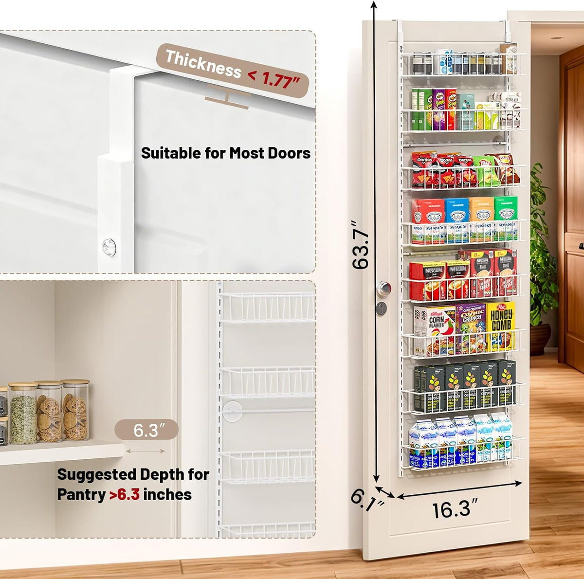 8-Tier Pantry Door Organizer, Black | Over The Door, Hanging Spice Rack Shelves, Home Office Laundry Room Bathroom & Kitchen, Storage Rack