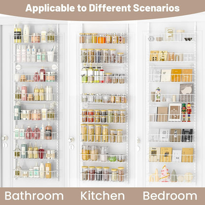 8-Tier Pantry Door Organizer, Black | Over The Door, Hanging Spice Rack Shelves, Home Office Laundry Room Bathroom & Kitchen, Storage Rack