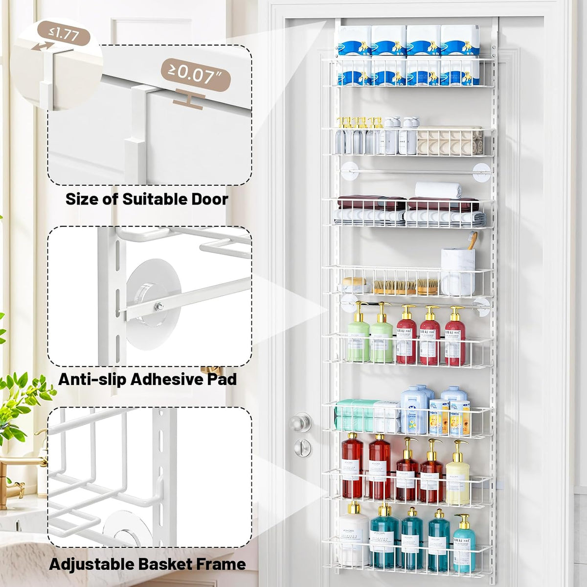 8-Tier Pantry Door Organizer, Black | Over The Door, Hanging Spice Rack Shelves, Home Office Laundry Room Bathroom & Kitchen, Storage Rack