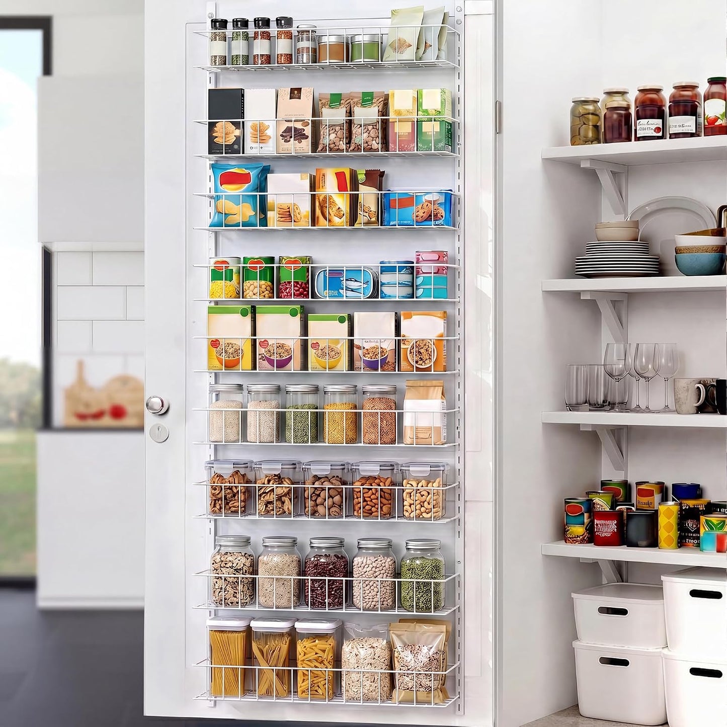 8-Tier Pantry Door Organizer, Black | Over The Door, Hanging Spice Rack Shelves, Home Office Laundry Room Bathroom & Kitchen, Storage Rack