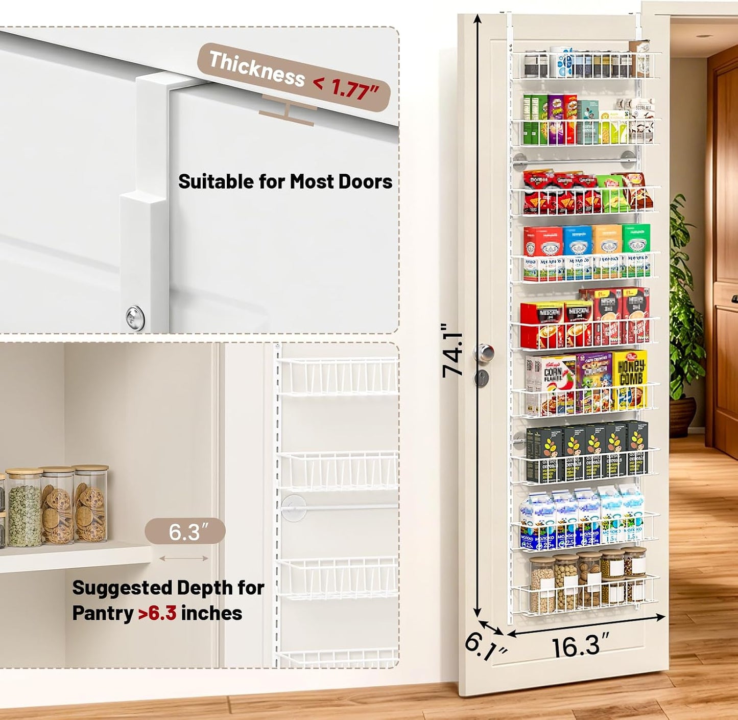 8-Tier Pantry Door Organizer, Black | Over The Door, Hanging Spice Rack Shelves, Home Office Laundry Room Bathroom & Kitchen, Storage Rack