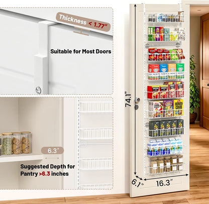 8-Tier Pantry Door Organizer, Black | Over The Door, Hanging Spice Rack Shelves, Home Office Laundry Room Bathroom & Kitchen, Storage Rack