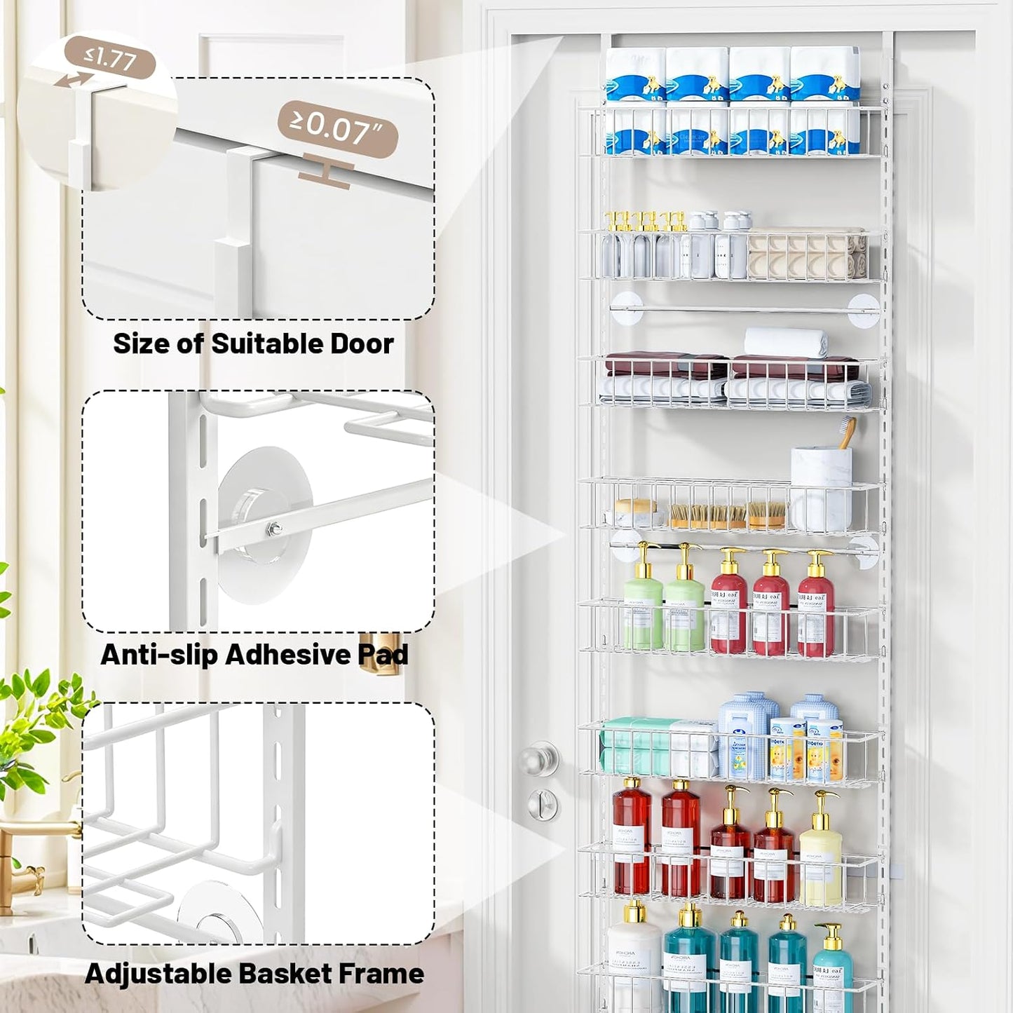 8-Tier Pantry Door Organizer, Black | Over The Door, Hanging Spice Rack Shelves, Home Office Laundry Room Bathroom & Kitchen, Storage Rack