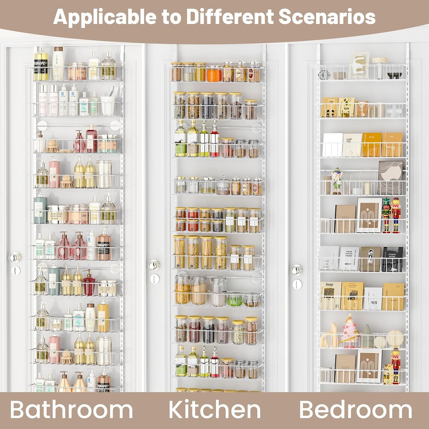 8-Tier Pantry Door Organizer, Black | Over The Door, Hanging Spice Rack Shelves, Home Office Laundry Room Bathroom & Kitchen, Storage Rack