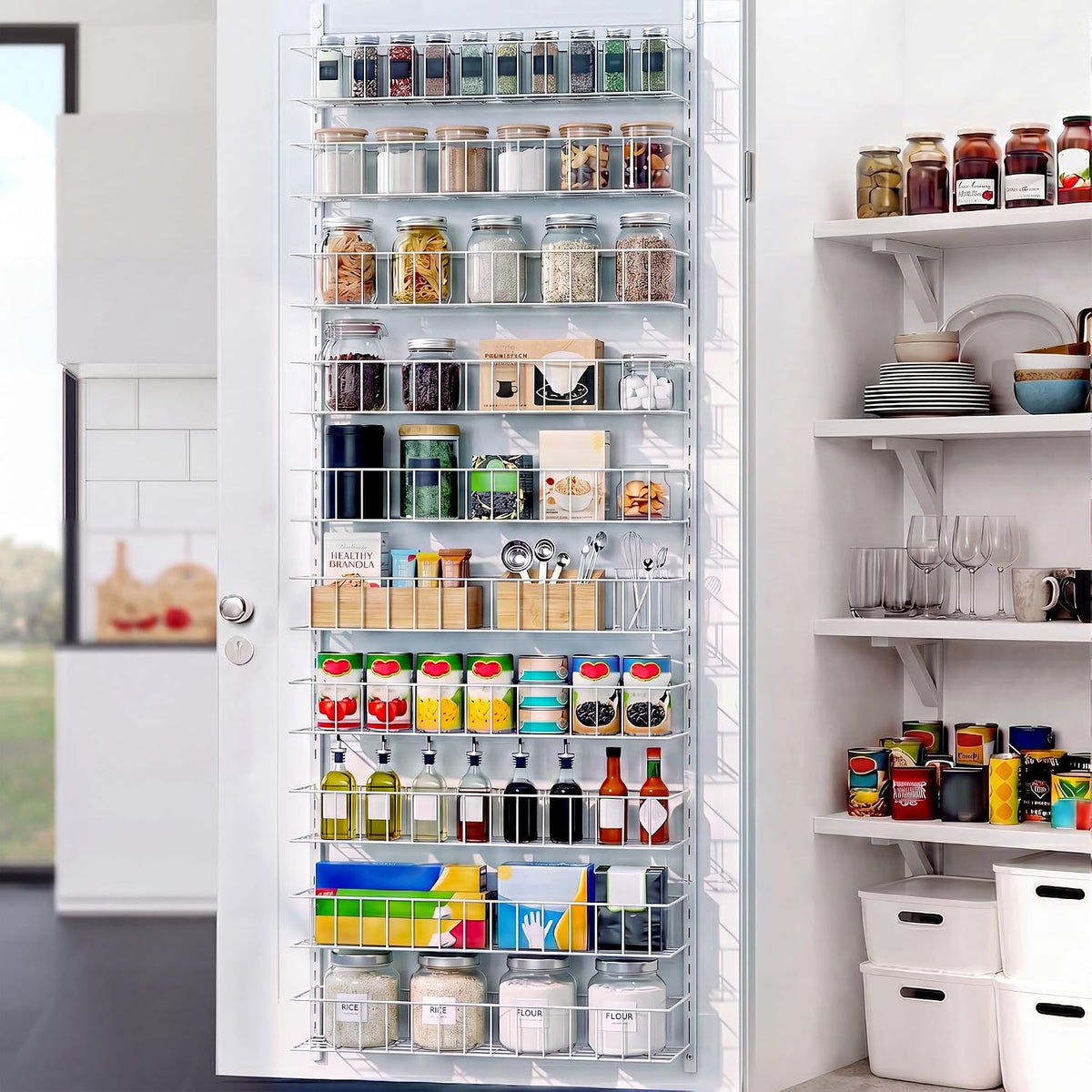 8-Tier Pantry Door Organizer, Black | Over The Door, Hanging Spice Rack Shelves, Home Office Laundry Room Bathroom & Kitchen, Storage Rack