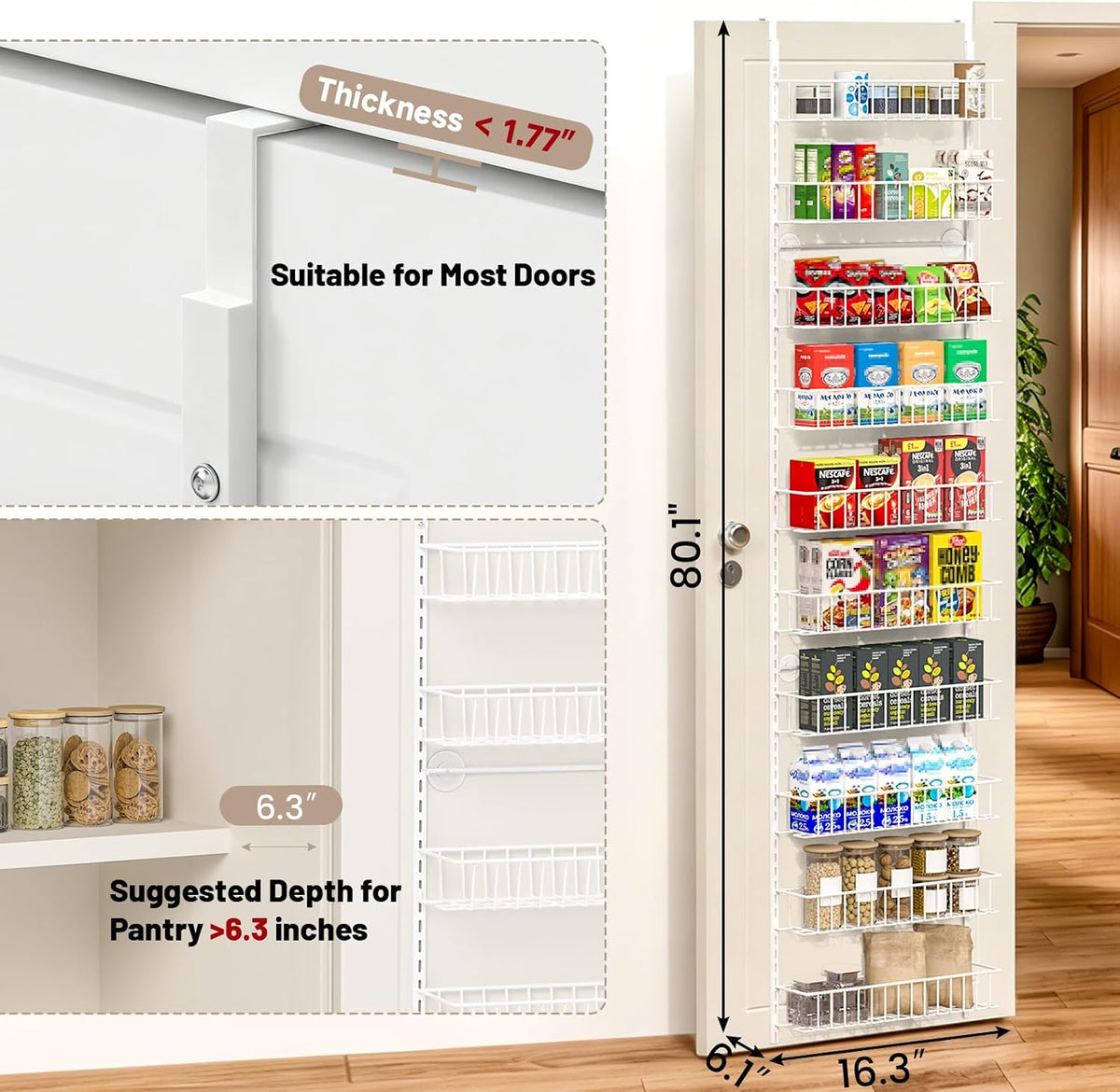 8-Tier Pantry Door Organizer, Black | Over The Door, Hanging Spice Rack Shelves, Home Office Laundry Room Bathroom & Kitchen, Storage Rack