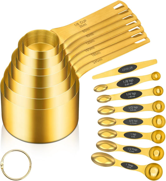 15pcs Gold Magnetic Measuring Spoons and Cups Set, Stainless Steel 8 Dual Sided Magnetic Measuring Spoons set with Leveler, 7 Cups, Measurement for Liquid and Dry Ingredients for Kitchen